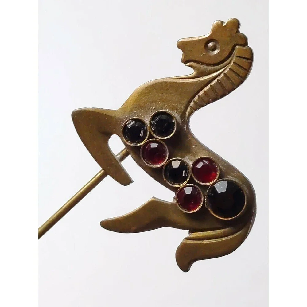 Brass Horse Red And Black Rhinestone Vintage Stick Pin